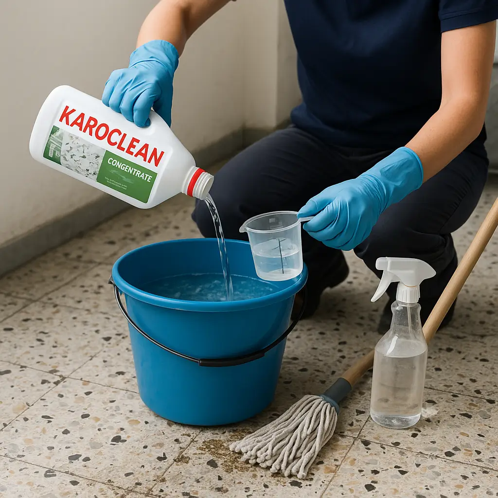 KAROCLEAN karo ve beton temizleyicinin hazırlanıp yüzeye uygulanması