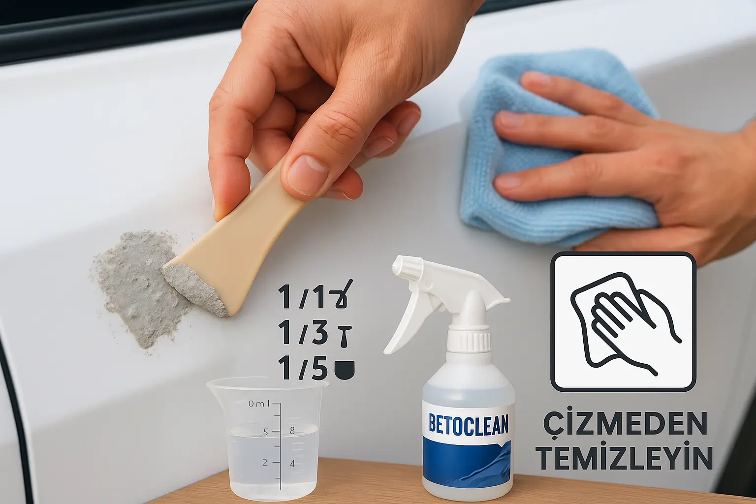 Yumuşamış beton kalıntısının plastik spatula ve mikrofiber bezle uzaklaştırılması