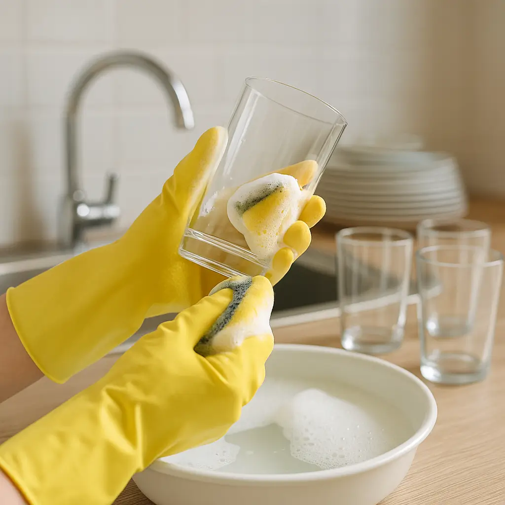 Az kirli parçalar: cam ve bardakların nazik temizliği Cam bardakların deterjanlı suyla nazikçe temizlenmesi; parlak ve iz bırakmayan sonuç