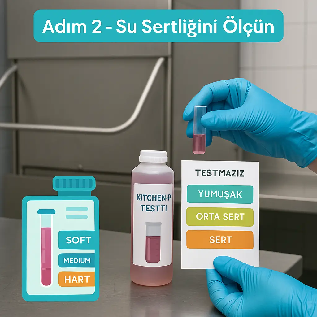Su sertliği testi ve ayarı parlatıcı için hazırlık Endüstriyel mutfakta su sertliği test cihazıyla kontrol ediliyor