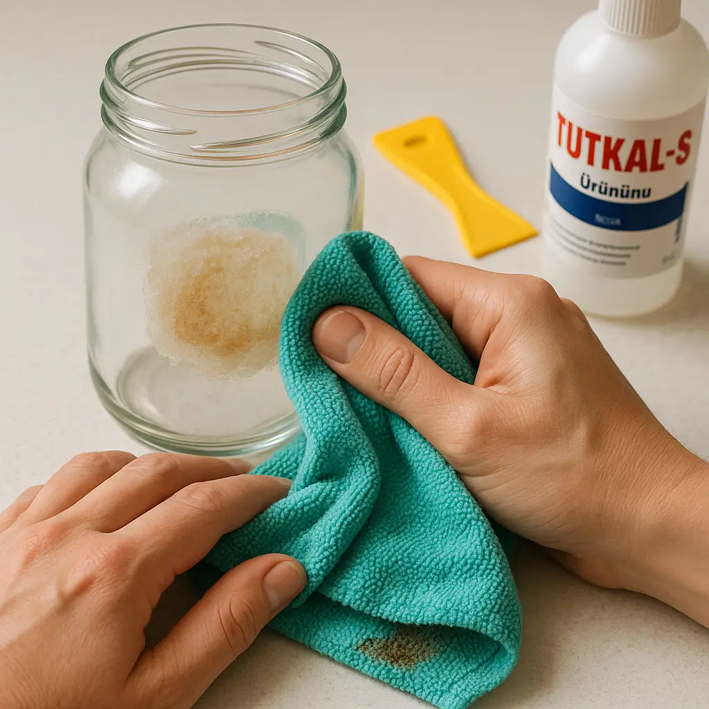 Etiket ve tutkalın bezle temizlenmesi Çözülmüş etiketin mikrofiber bezle silinmesi