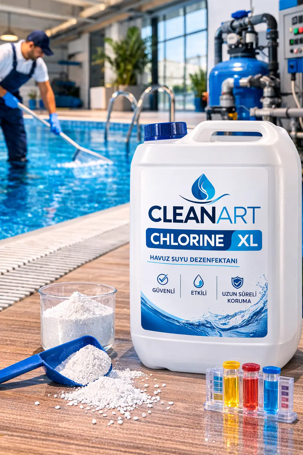 CLEANART CHLORINE XL havuz suyu dezenfeksiyonu kapak görseli CLEANART CHLORINE XL sıvı klor ile havuz suyu dezenfeksiyonu rehberi kapak görseli