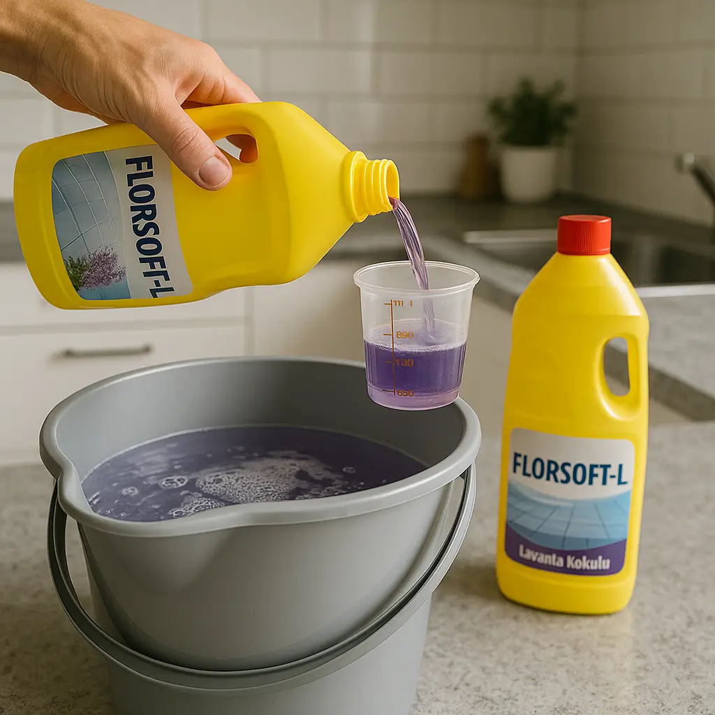 FLORSOFT-L yüzey temizleyici doğru oran ve seyreltilme adımı Temizlik ürününün su ile seyreltilmesi