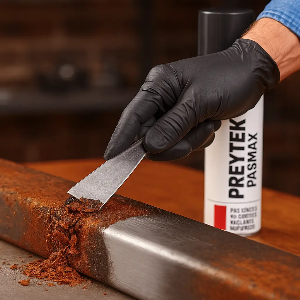 Pas sökücü sprey ile çözülen pasın spatula ile temizlenmesi