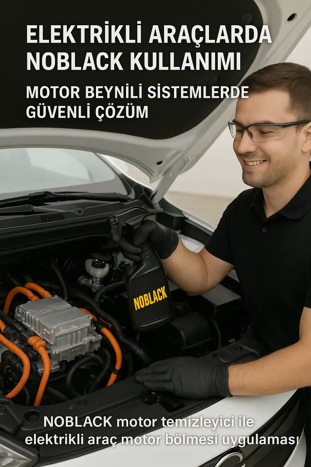 Elektrikli araçlarda NOBLACK kullanımı - motor beyinli sistemlerde güvenli çözüm NOBLACK motor temizleyici ile elektrikli araç motor bölmesi uygulaması